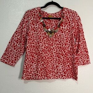 Ruby Rd. Red & White Patterned Cotton-Blend Top w/ Embellished V-Neck. Sz L.